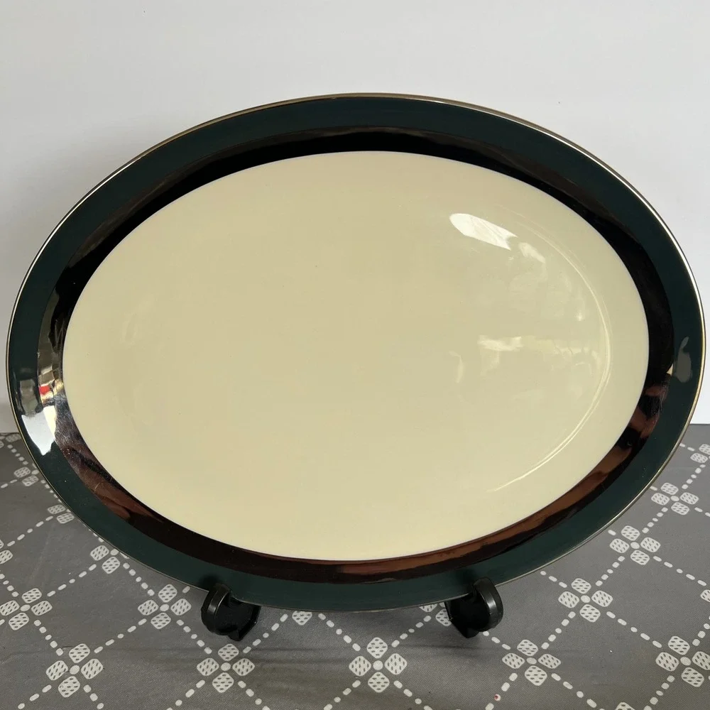 Flintridge China Oval Serving Platter Teal Green Silver Trim Made in USA 13.5in